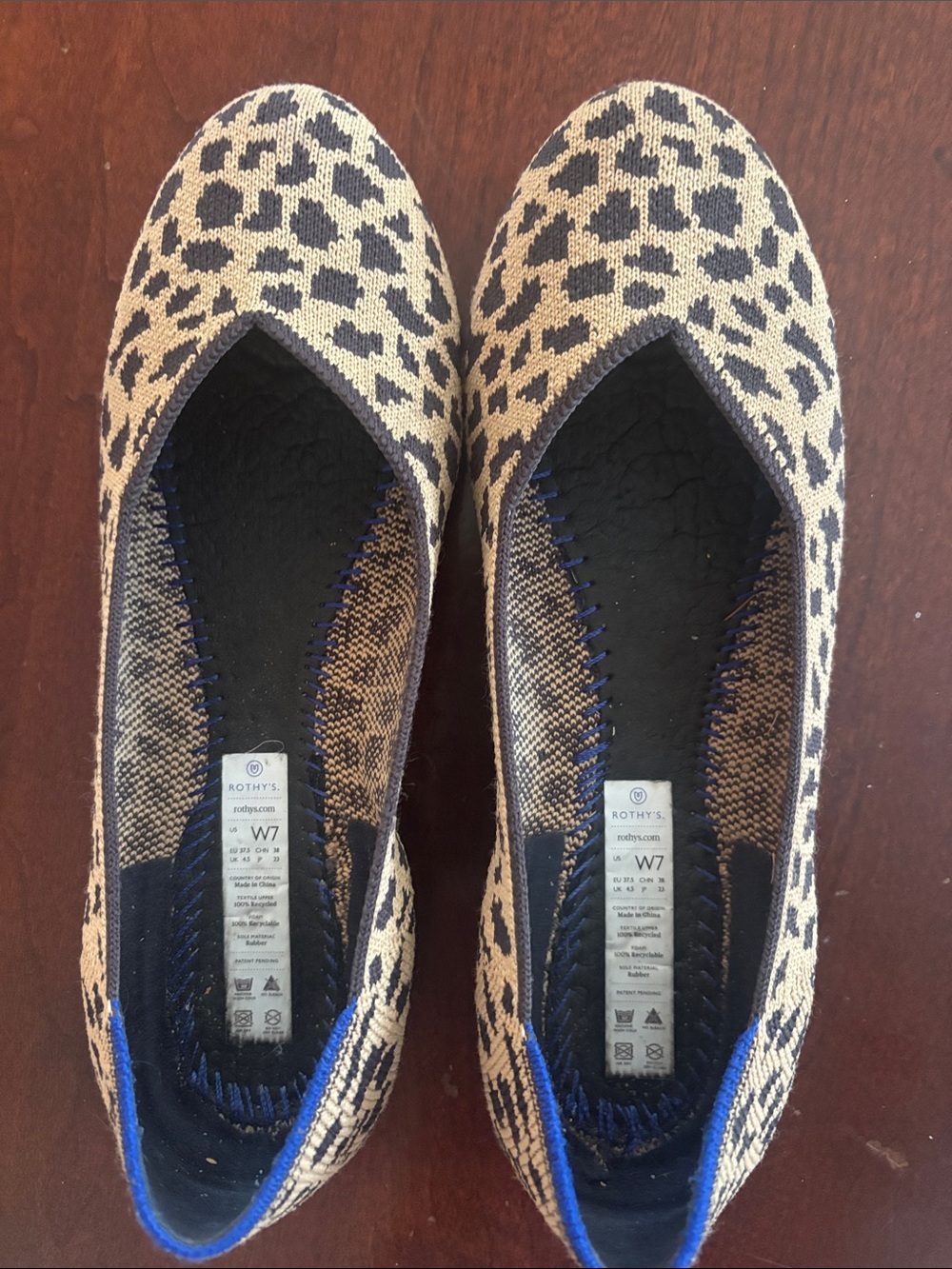 Rothy's Leopard Knit Flats in Beige, Black and Blue Trim Size 7